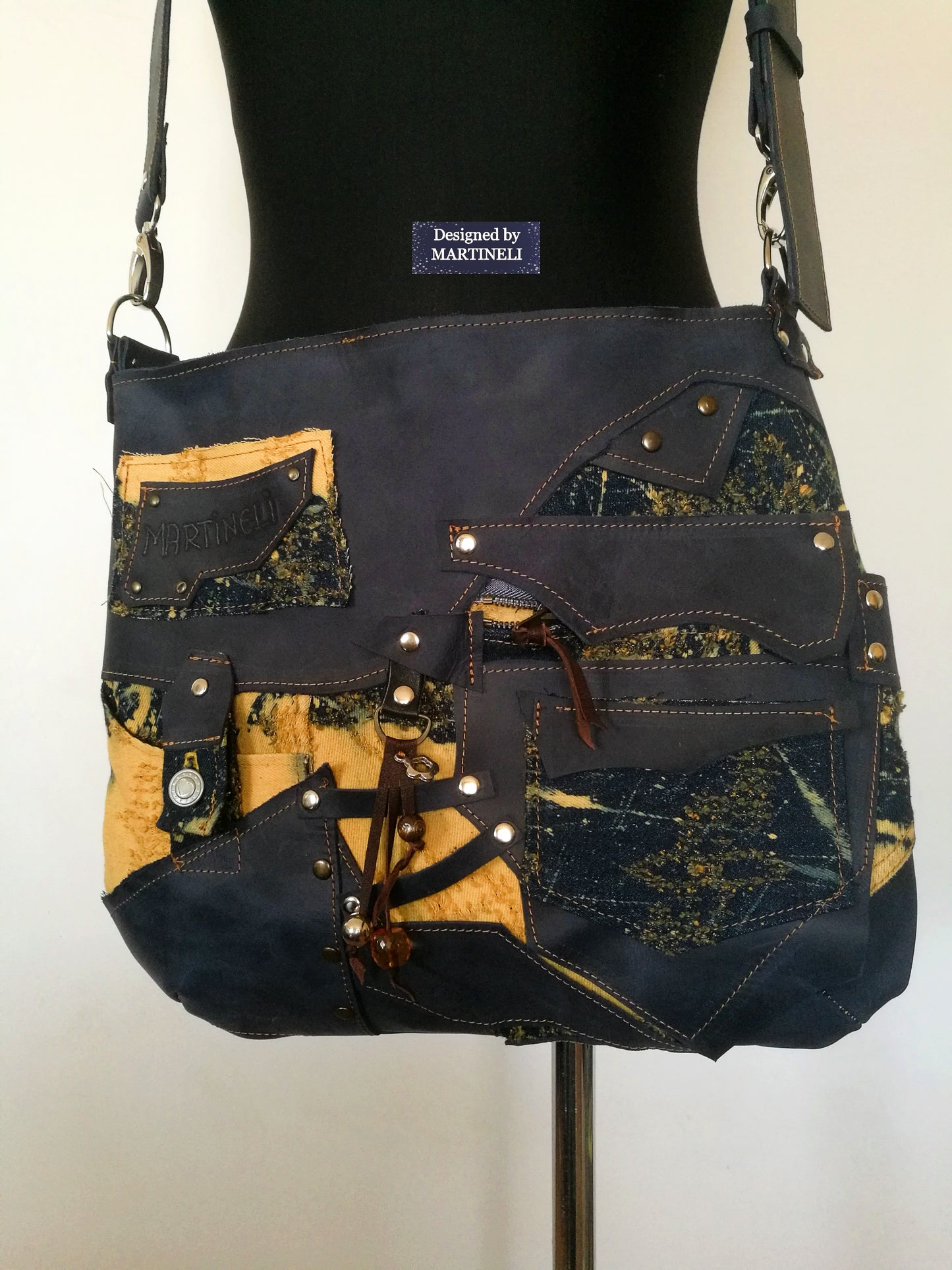 Blue Leather Messenger Bag Genuine leather Crossbody Bag High End Denim Bag