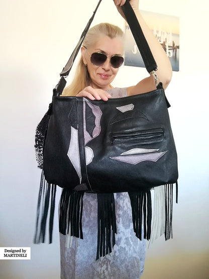 Black Fringe Crossbody Bag Tassel Bag Luxury Leather Tote Bag