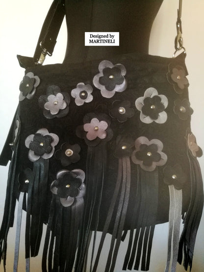 Black Leather Fringe Bag Luxury Leather Tote Bag Floral Shoulder Bag