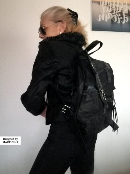 Black Leather Backpack Unisex Urban Travel Rucksack
