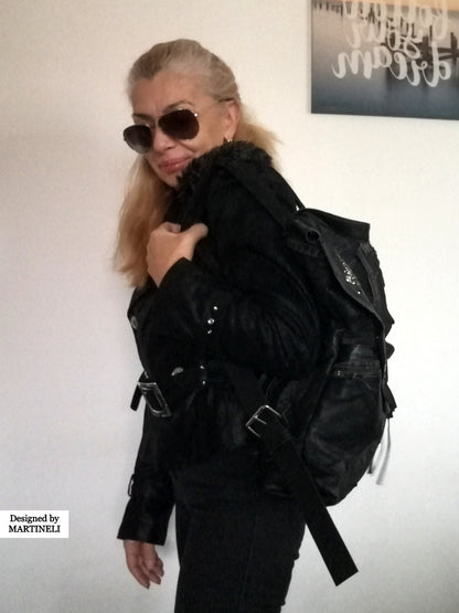 Black Leather Backpack Unisex Urban Travel Rucksack