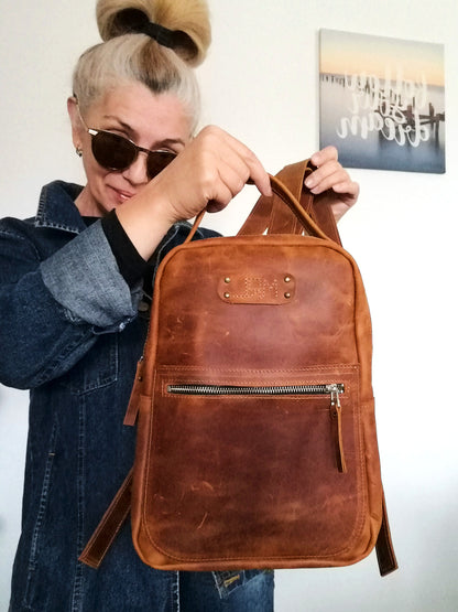 Western Leather Backpack Unisex Brown Italian leather Rucksack