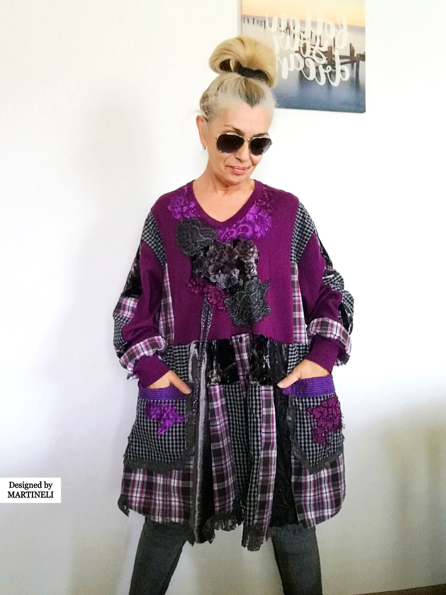 Plus Size Purple Sweater Dress 4XL Maxi Embroidered Shirt Dress