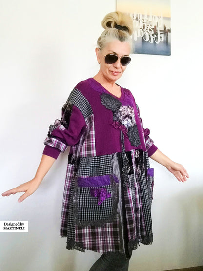 Plus Size Purple Sweater Dress 4XL Maxi Embroidered Shirt Dress