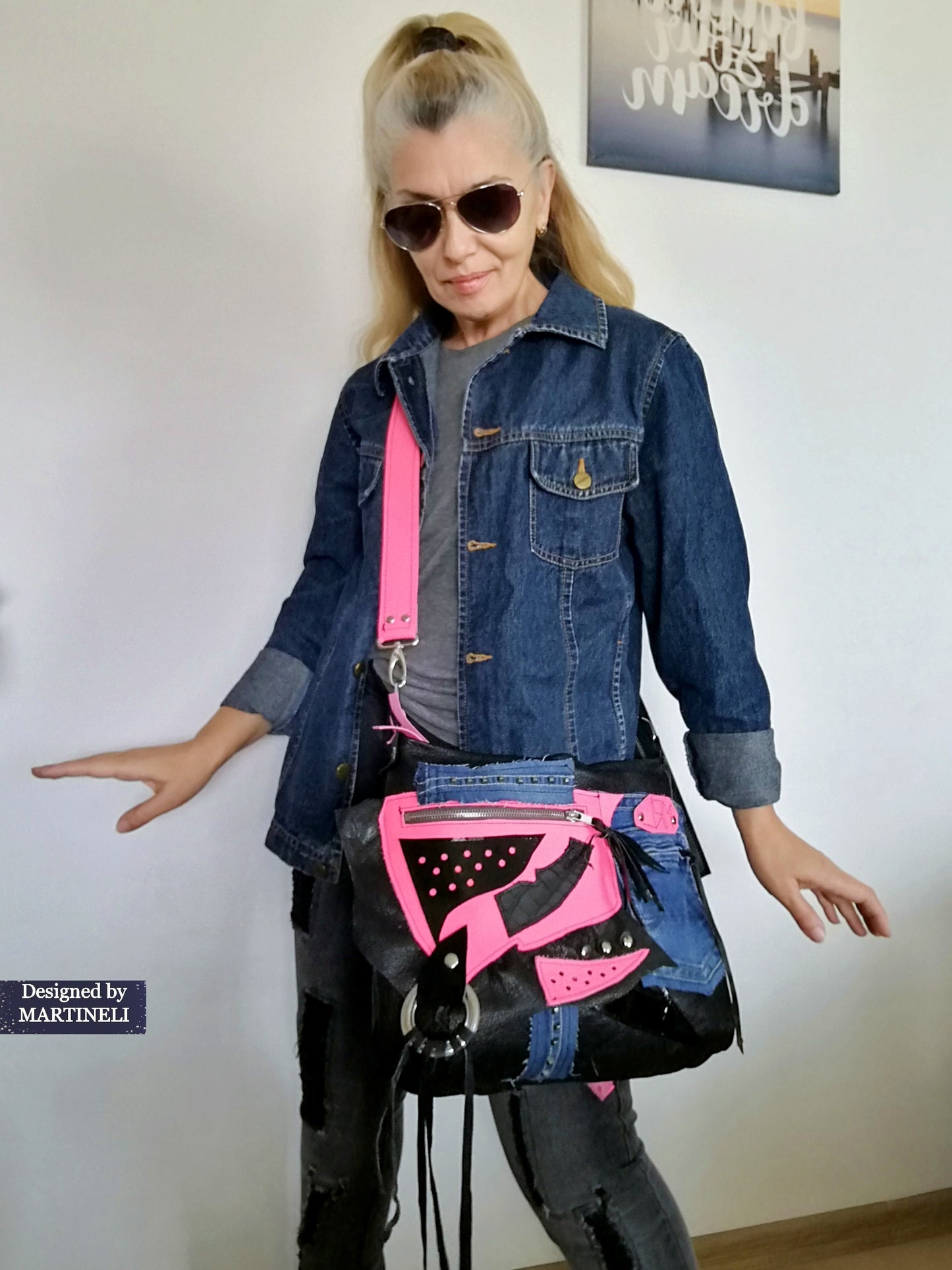 Pink Leather Crossbody Bag High-End Boho Denim Purse Bag