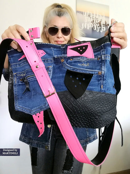 Pink Leather Crossbody Bag High-End Boho Denim Purse Bag