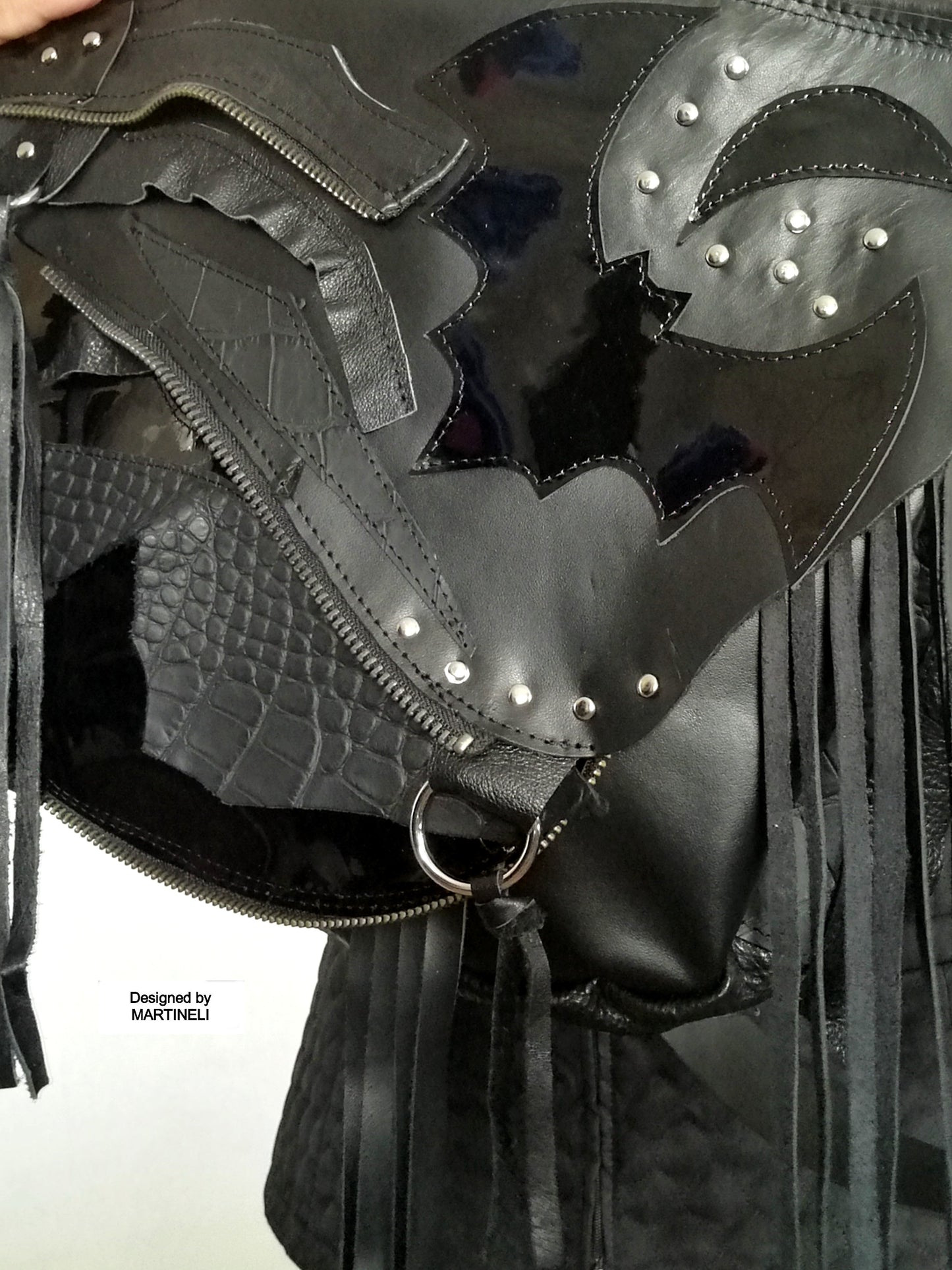 Black Leather Fringe Bag Large Bat Crossbody Purse Bag