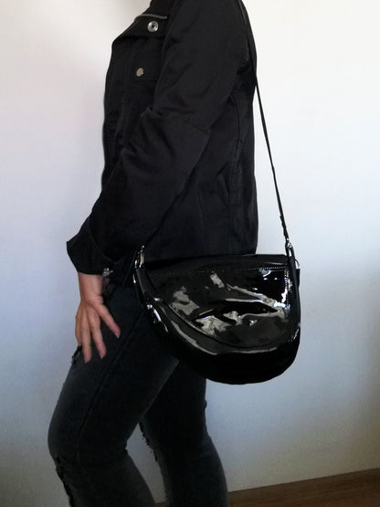 Black Leather Saddle Bag Patent Leather Crossbody Purse Bag