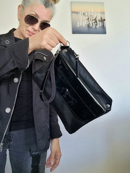 Black Leather Clutch Bag Black Evening Wrist Bag