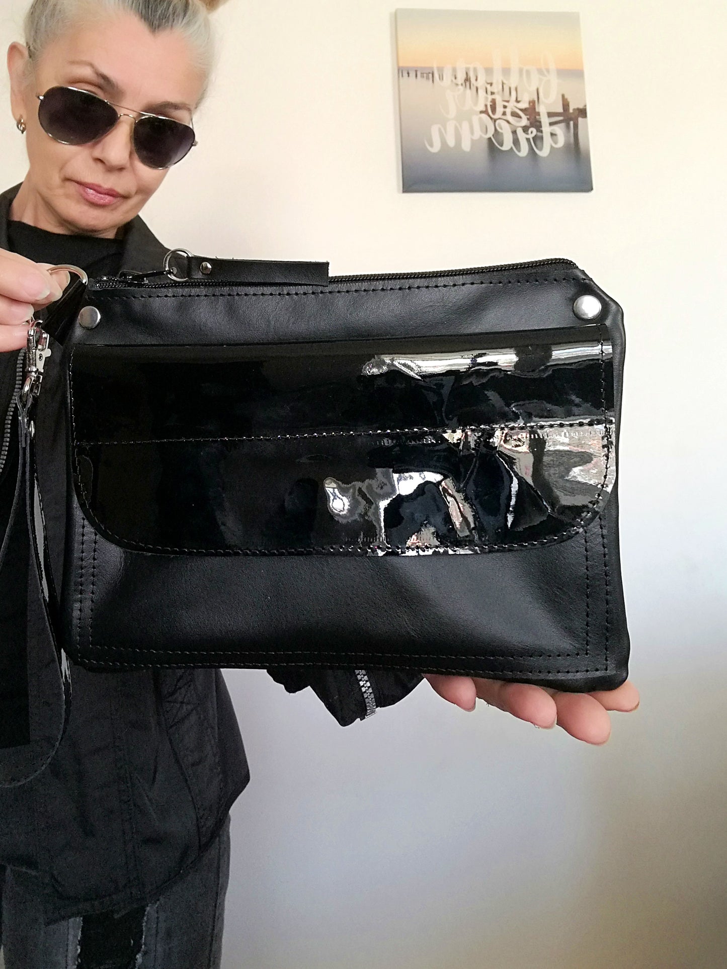 Black Leather Clutch Bag Black Evening Wrist Bag
