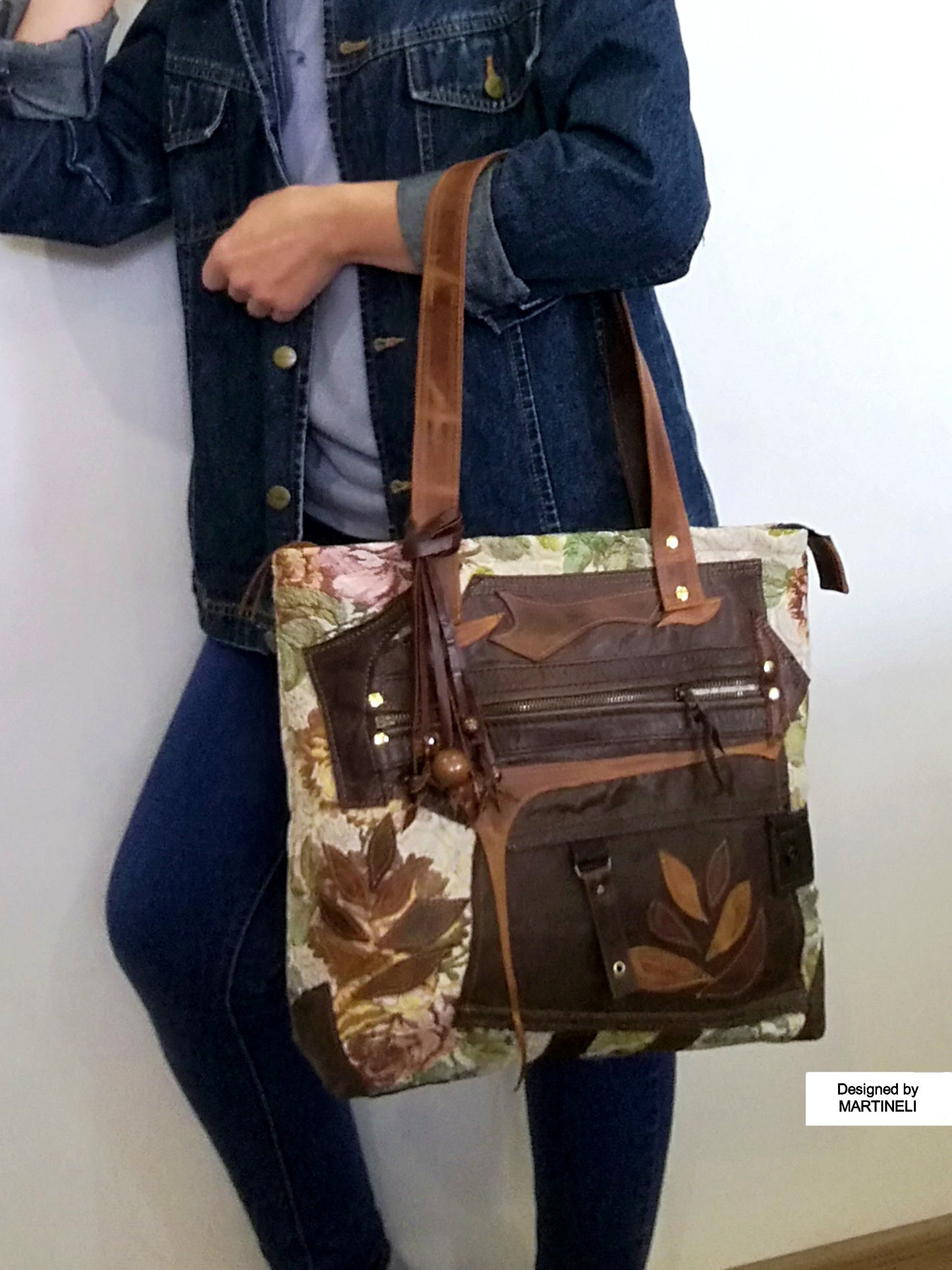 Large Leather Shoulder Bag Boho Floral Handbag Purse
