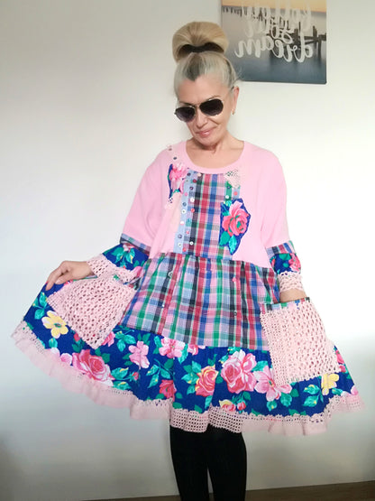 Plus Size Pink Cotton Dress 3XL Maxi Floral Shirt Dress