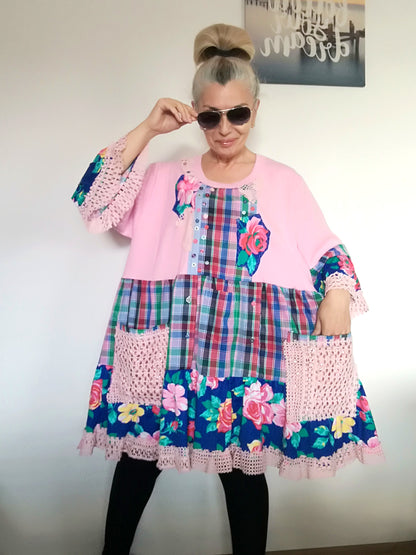 Plus Size Pink Cotton Dress 3XL Maxi Floral Shirt Dress