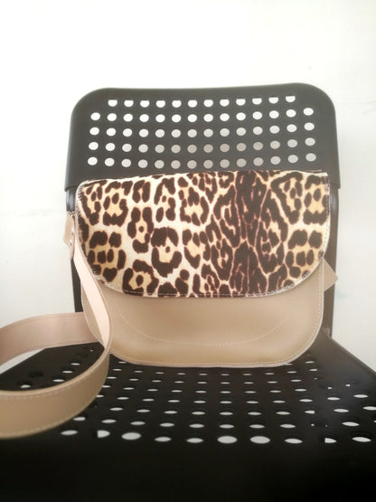 Animal Print Leather Bag Beige Mini Saddle Bag