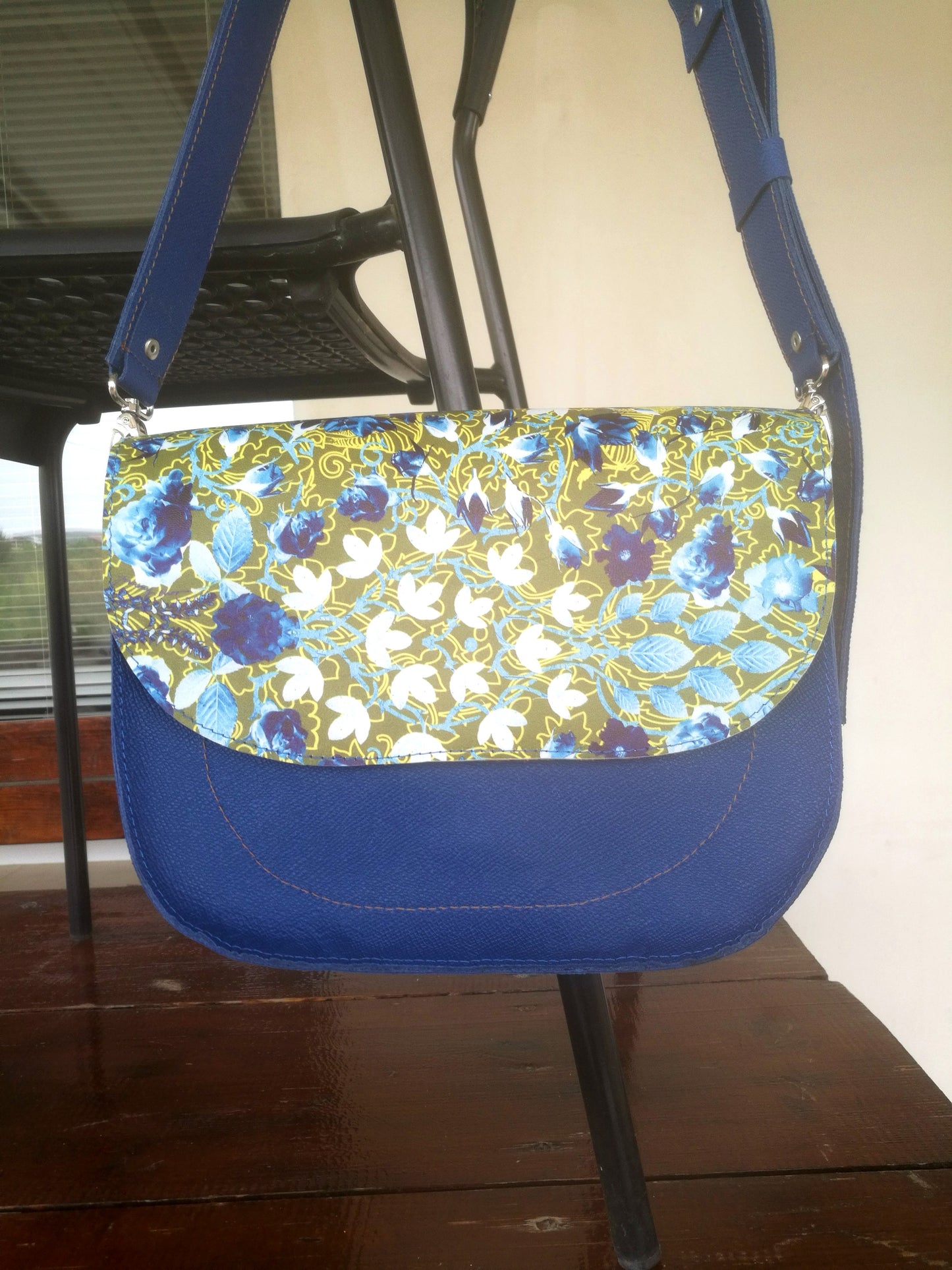 Blue Saffiano Leather Saddle Bag Italian Leather Crossbody Bag