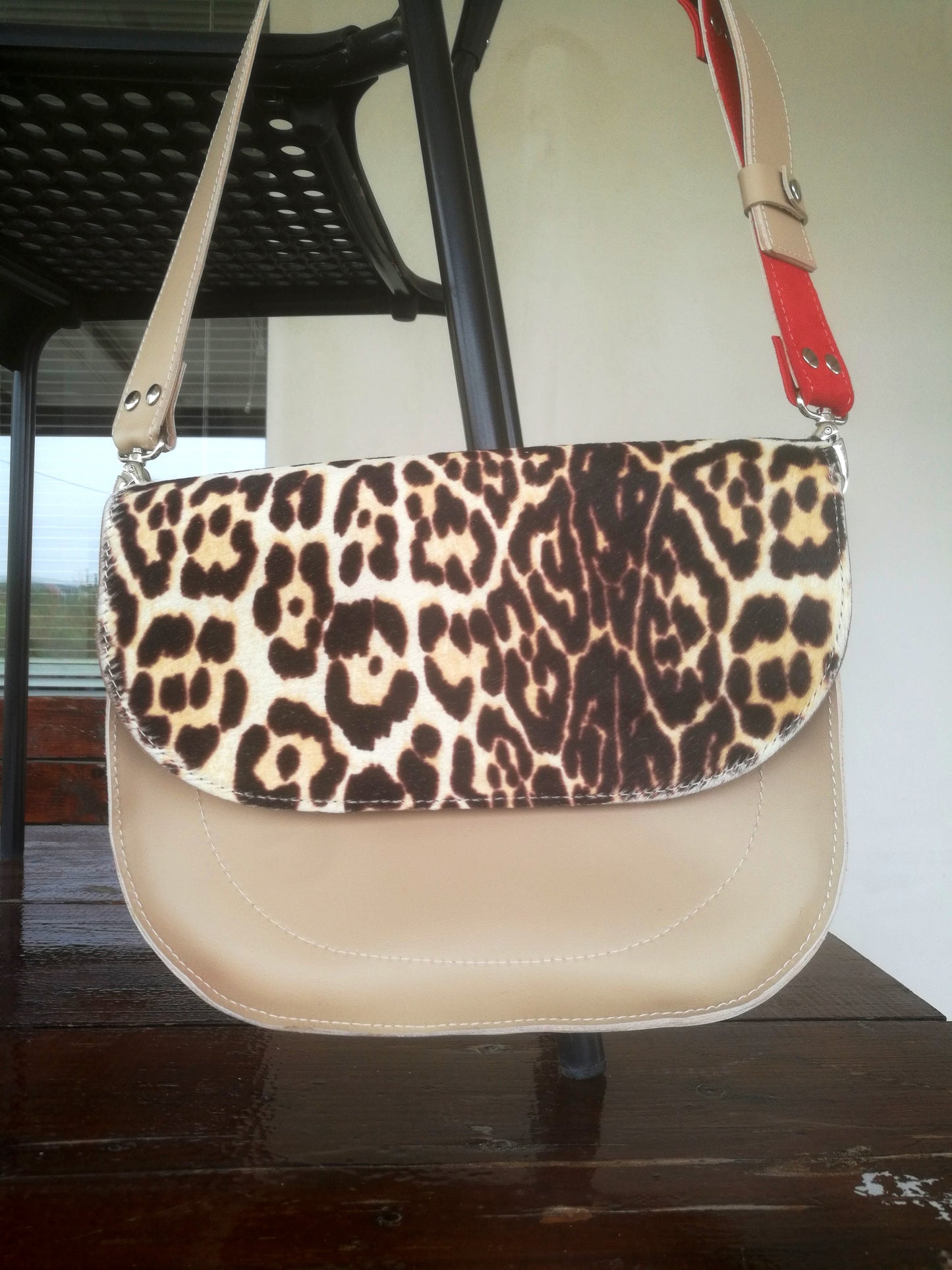 Animal Print Leather Bag Beige Mini Saddle Bag