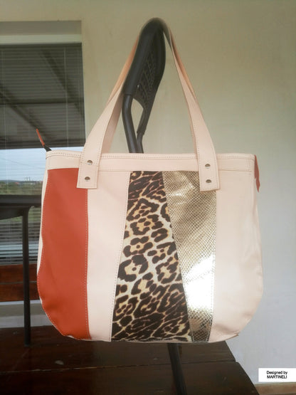 Animal Print Leather Tote Bag Large Beige Italian Leather Shoulder Bag