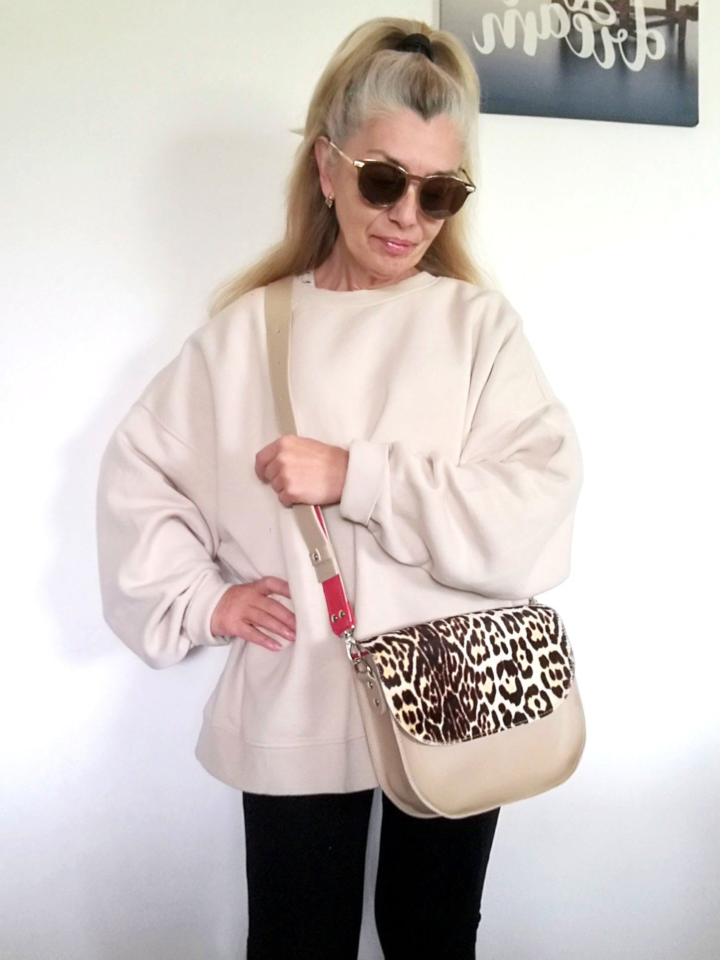 Animal Print Leather Bag Beige Mini Saddle Bag