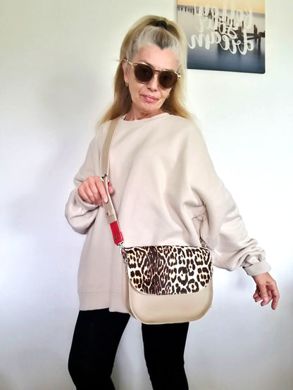 Animal Print Leather Bag Beige Mini Saddle Bag