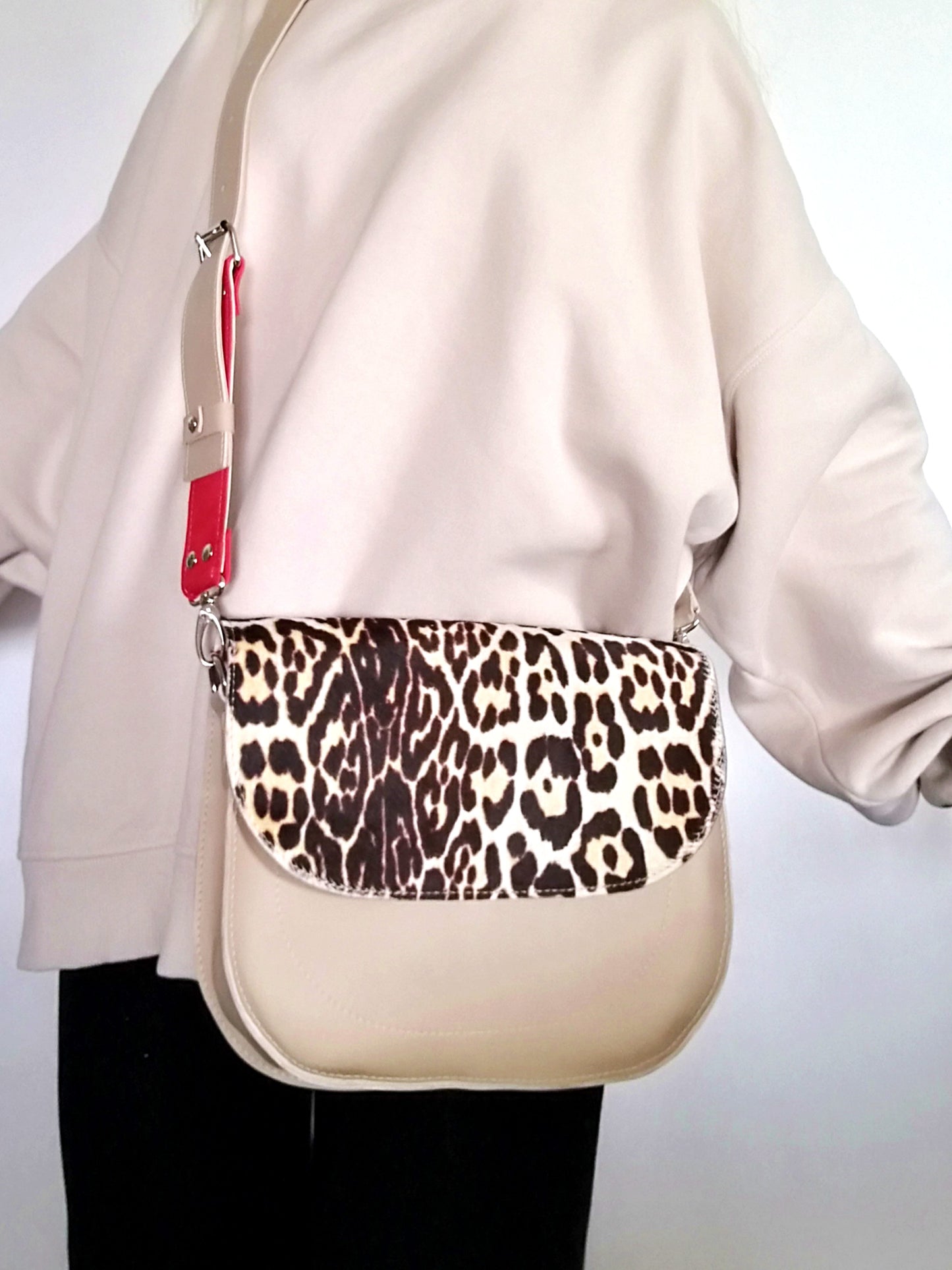 Animal Print Leather Bag Beige Mini Saddle Bag