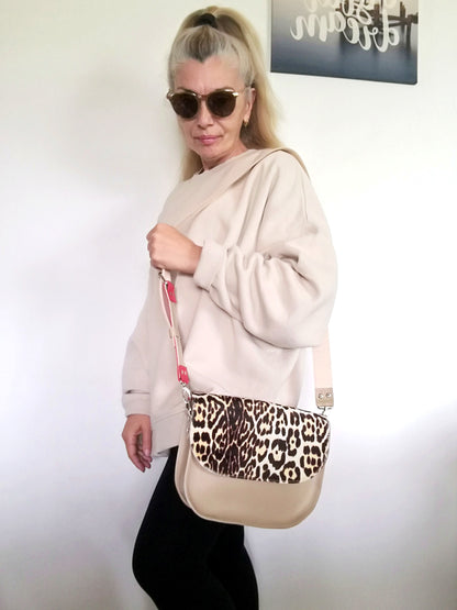 Animal Print Leather Bag Beige Mini Saddle Bag