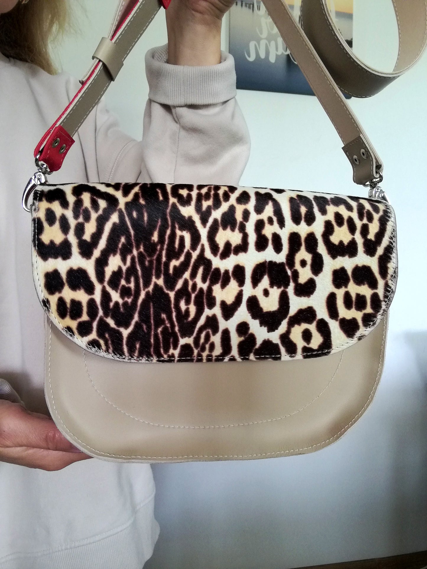 Animal Print Leather Bag Beige Mini Saddle Bag