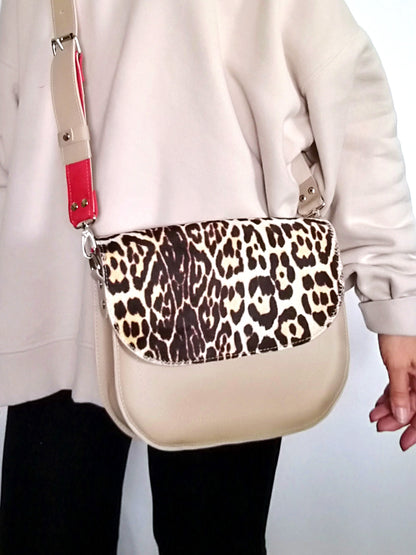 Animal Print Leather Bag Beige Mini Saddle Bag