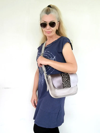 Gray Leather Saddle Bag Italian Leather Crossbody Bag