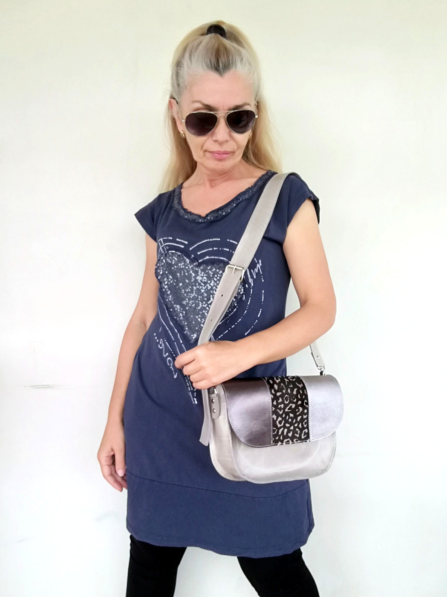 Gray Leather Saddle Bag Italian Leather Crossbody Bag