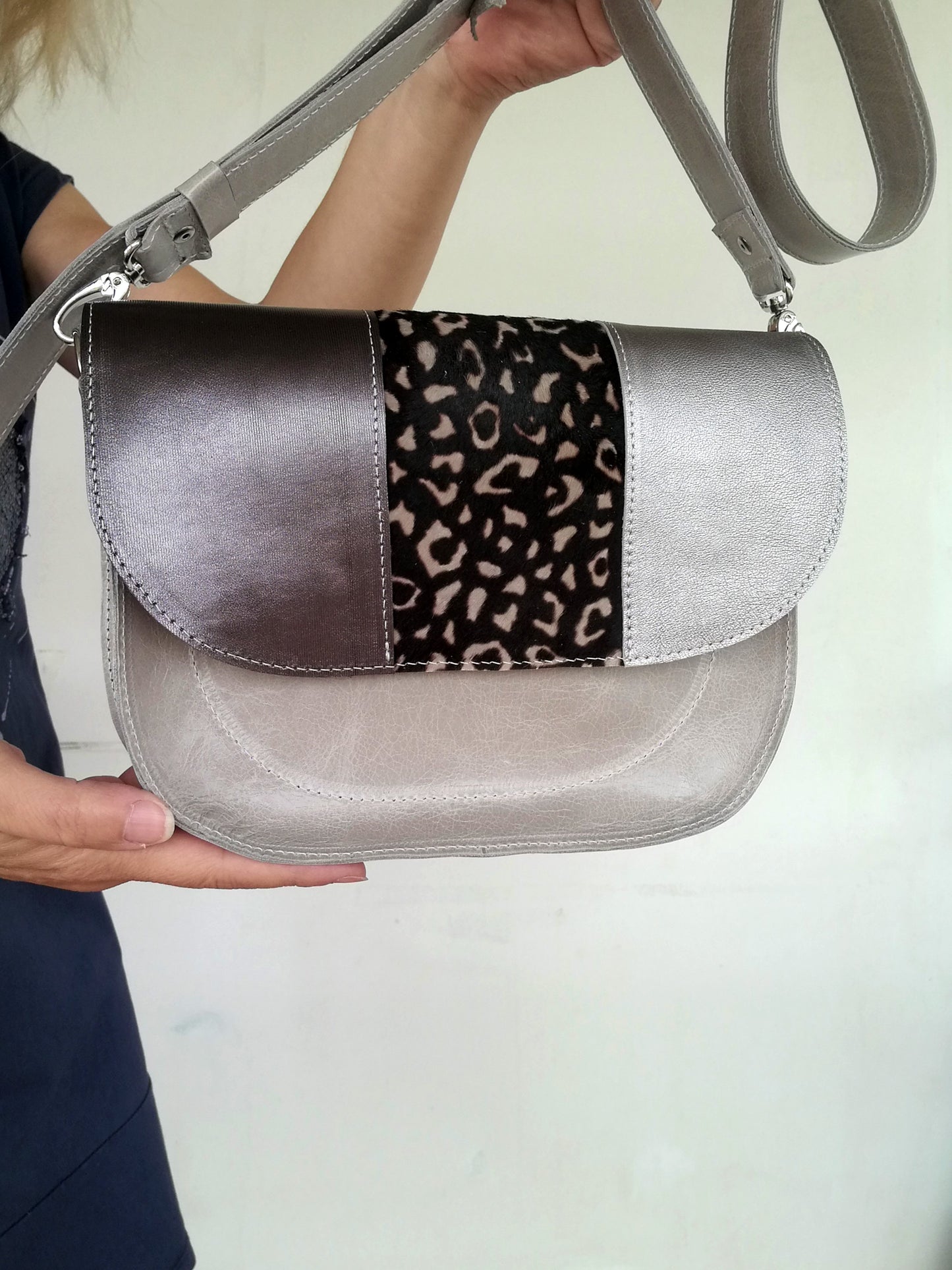 Gray Leather Saddle Bag Italian Leather Crossbody Bag