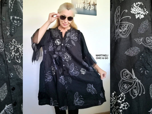 Plus Size Black Linen Dress 3XL Maxi Boho Embroidered Tunic Dress