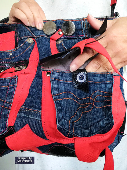 Red High End Leather Messenger Bag Large Leather&Denim Purse Bag