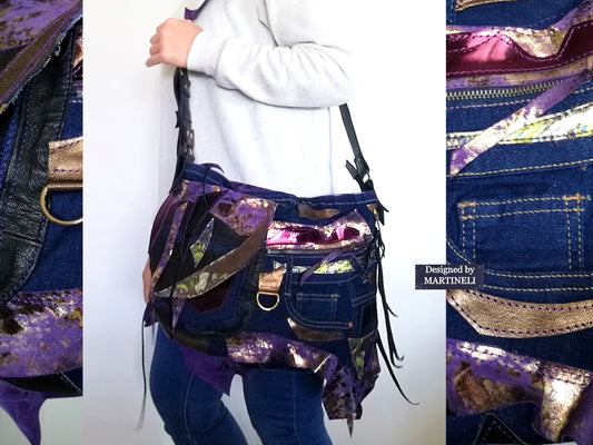 Purple Leather Messenger Bag High-End Leather and Denim Purse Bag