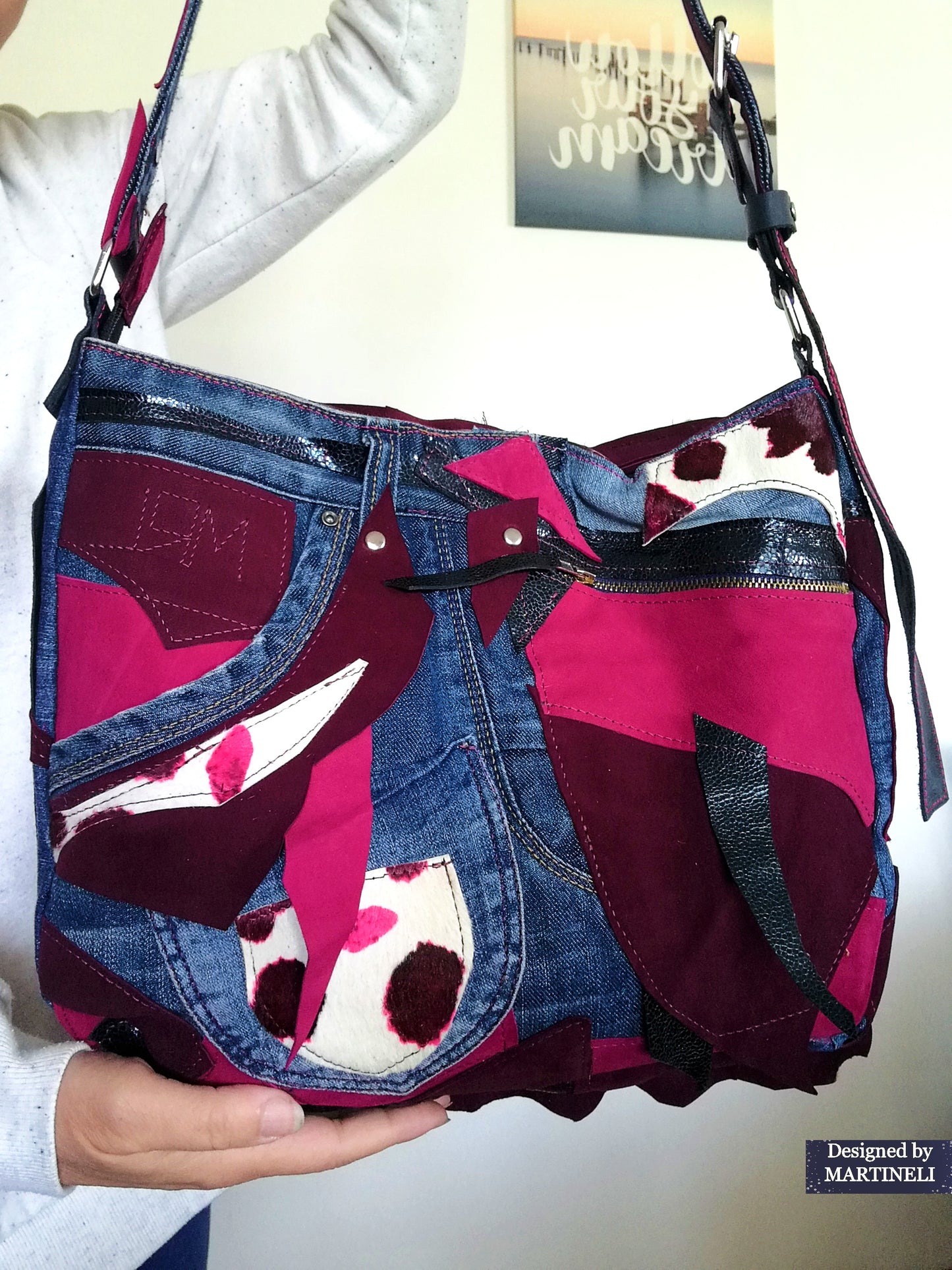 Pink Leather Cross body Bag Italian Leather and Denim Shoulder Purse Bag