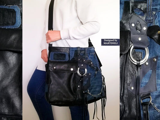 Large Leather Messenger Bag High End Leather and Denim Crossbody Bag