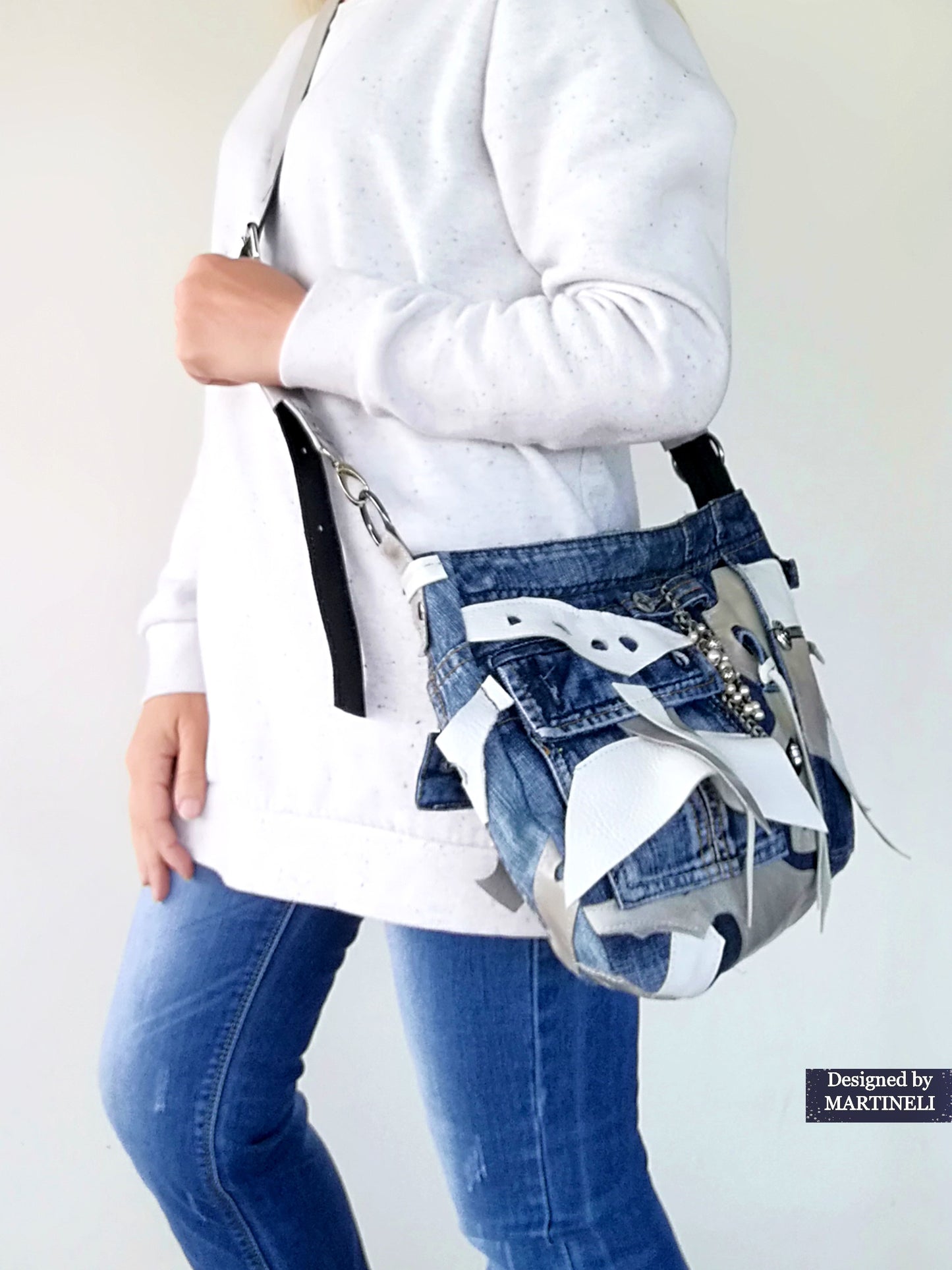 White Italian Leather & Denim Cross Body Bag Large Leather Shoulder Purse Bag