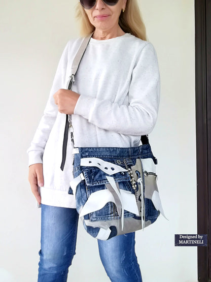 White Italian Leather & Denim Cross Body Bag Large Leather Shoulder Purse Bag