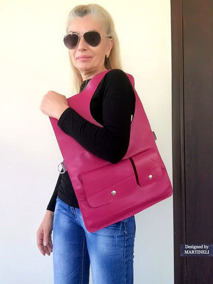 Pink Leather Shoulder Bag-Large Elegant Leather Tote,Convertible Purse Bag,Pink Stylish Crossbody For Women Soft Leather Handbag Extravagant