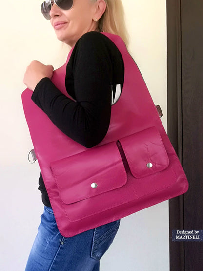 Pink Leather Shoulder Bag-Large Elegant Leather Tote,Convertible Purse Bag,Pink Stylish Crossbody For Women Soft Leather Handbag Extravagant