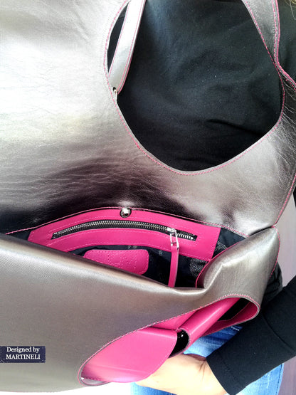 Pink Leather Shoulder Bag-Large Elegant Leather Tote,Convertible Purse Bag,Pink Stylish Crossbody For Women Soft Leather Handbag Extravagant