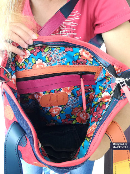 Colorful Leather Tote Bag-Soft Leather and Denim Crossbody Purse Bag,Large Jean Bag Artsy Convertible Bag For Women Hippie Bag Boho Tote Bag