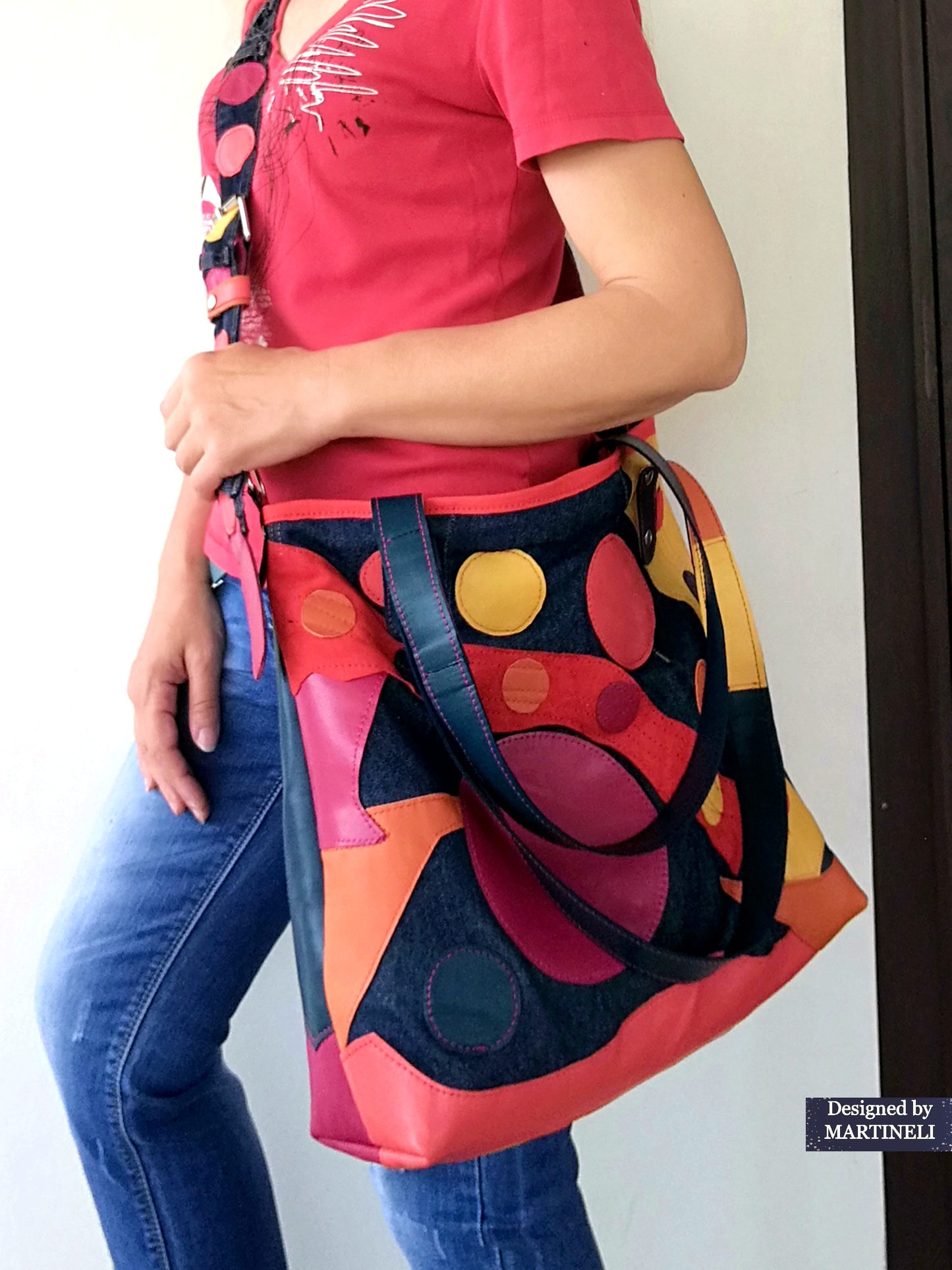 Colorful Leather Tote Bag-Soft Leather and Denim Crossbody Purse Bag,Large Jean Bag Artsy Convertible Bag For Women Hippie Bag Boho Tote Bag
