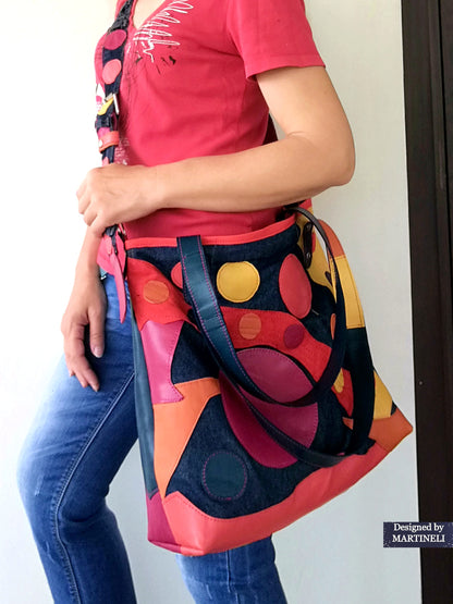 Colorful Leather Tote Bag-Soft Leather and Denim Crossbody Purse Bag,Large Jean Bag Artsy Convertible Bag For Women Hippie Bag Boho Tote Bag