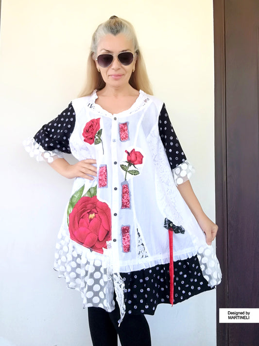 Plus Size Floral Dress,2XL Maxi White Embroidered Shirt Women