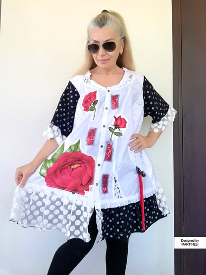 Plus Size Floral Dress,2XL Maxi White Embroidered Shirt Women