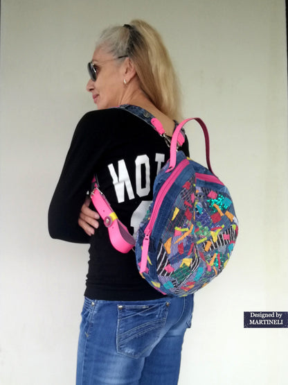 Colorful Denim and Leather Backpack Pink Italian Leather Rucksack