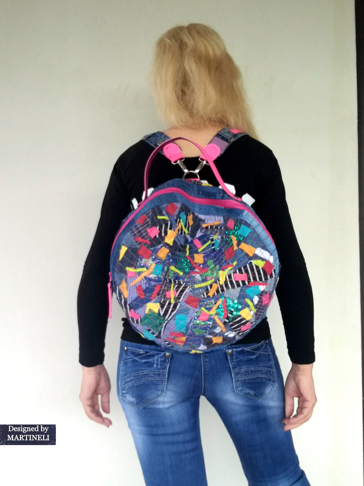 Colorful Denim and Leather Backpack Pink Italian Leather Rucksack