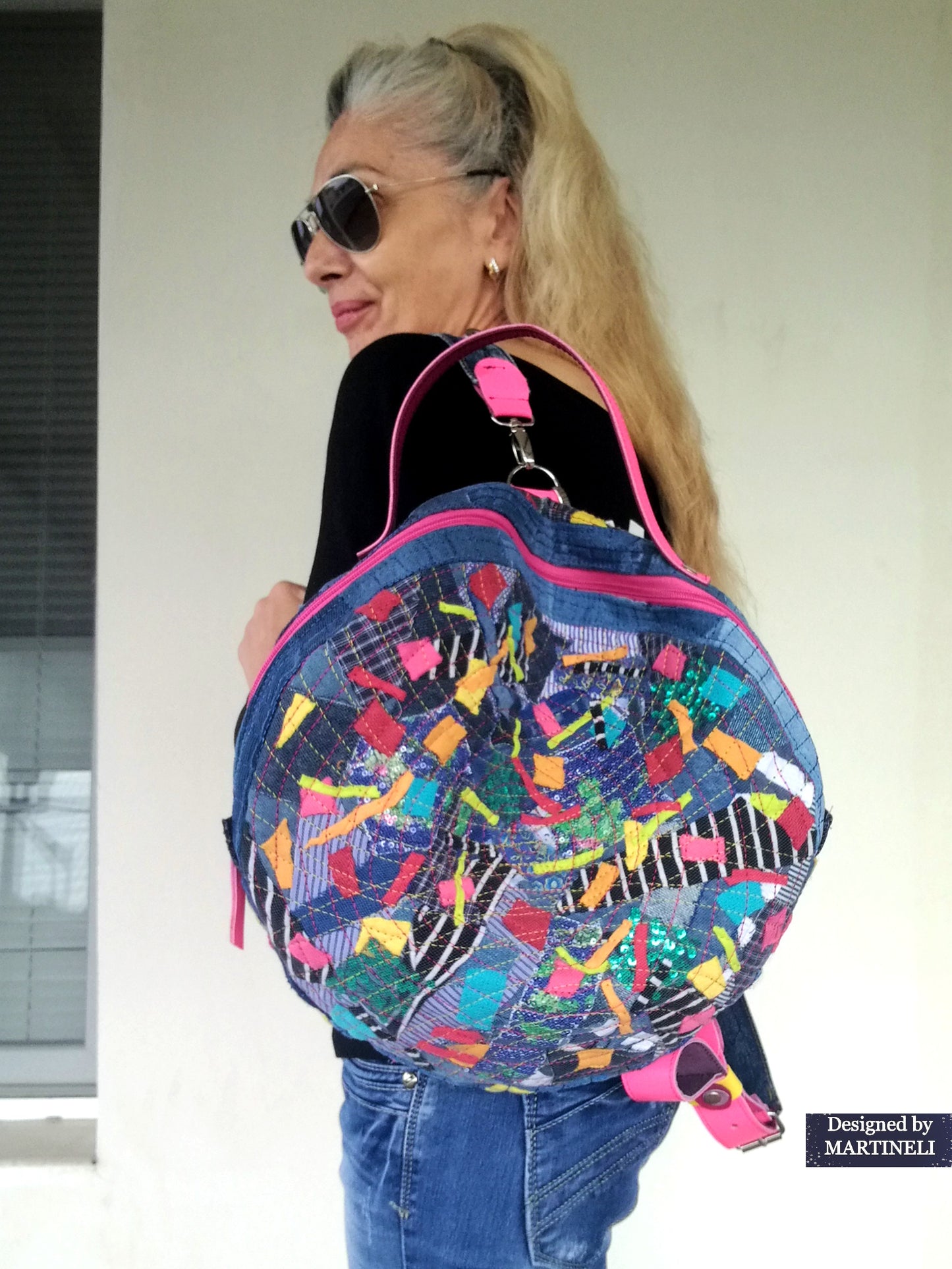 Colorful Denim and Leather Backpack Pink Italian Leather Rucksack