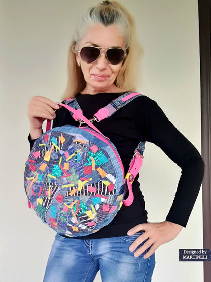 Colorful Denim and Leather Backpack Pink Italian Leather Rucksack