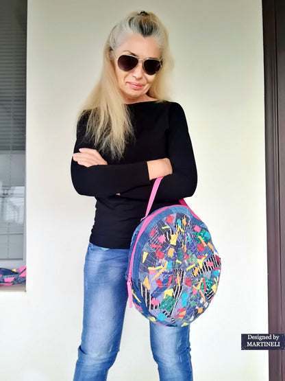 Colorful Denim and Leather Backpack Pink Italian Leather Rucksack